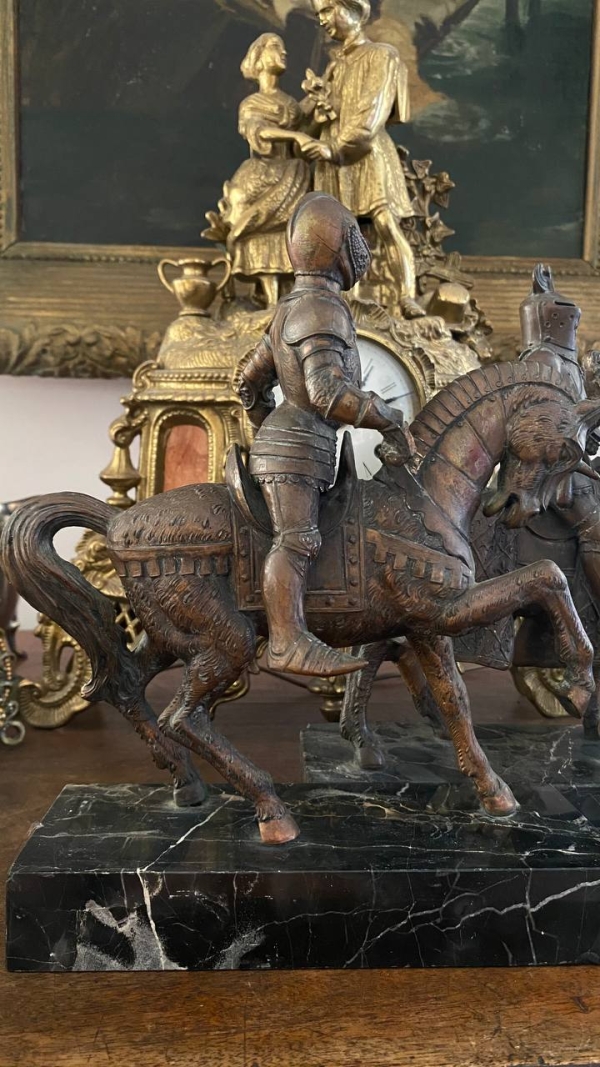 Pair of 19th-Century Bronze Cavaliers on Nero Portoro Marble